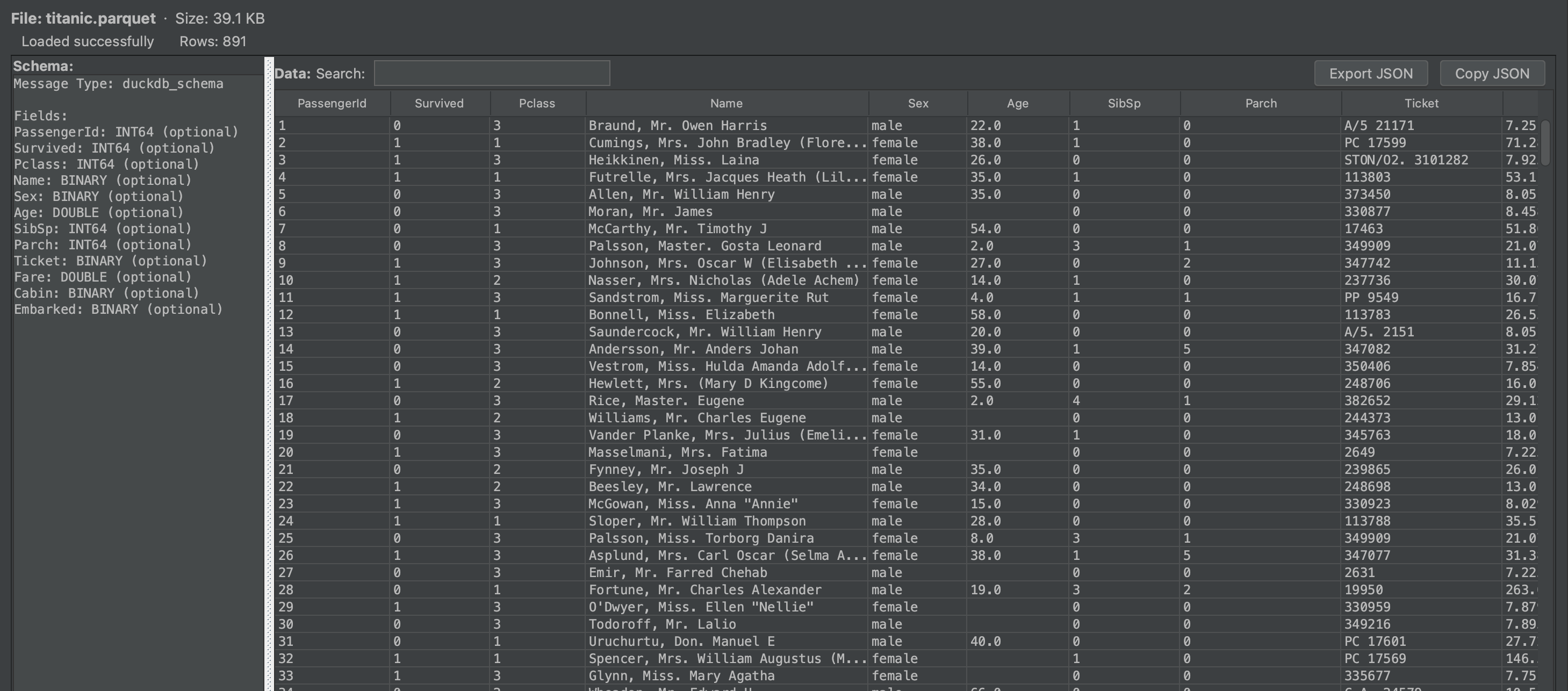 Parquet table preview in JetBrains IDE