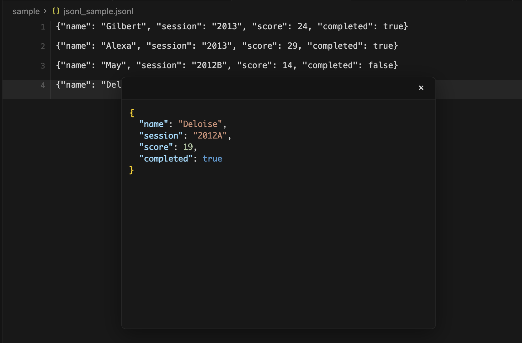 Screen showing JSONL in VS Code / Cursor.
