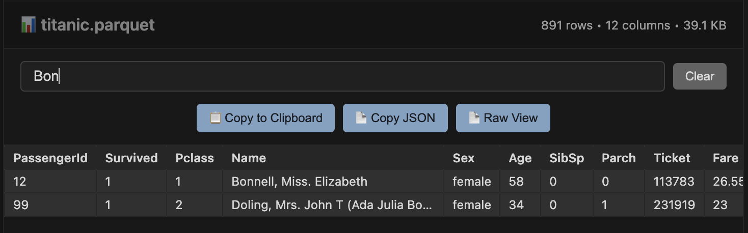 Screen showing Parquet in VS Code / Cursor.